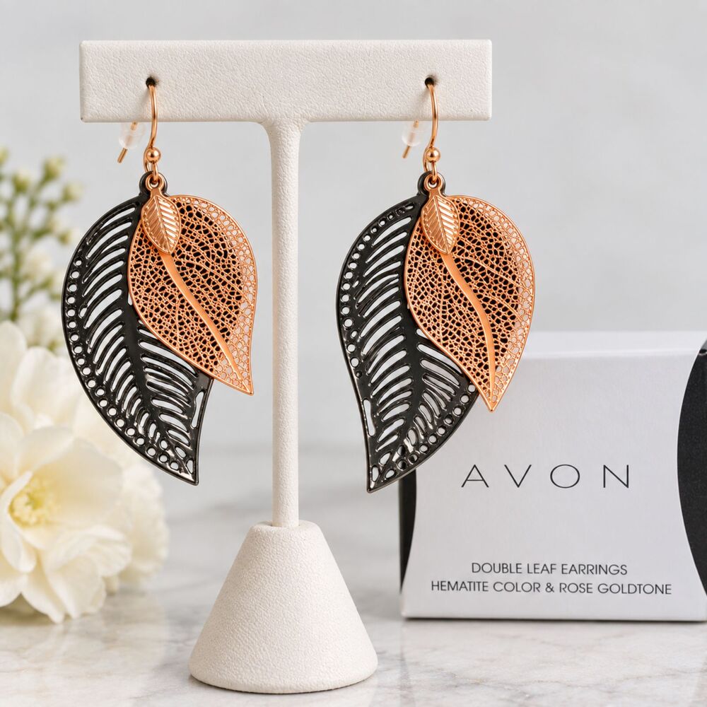 AVON Double Leaf Earrings Hematite & Rose Goldtone 2016 New in Box
